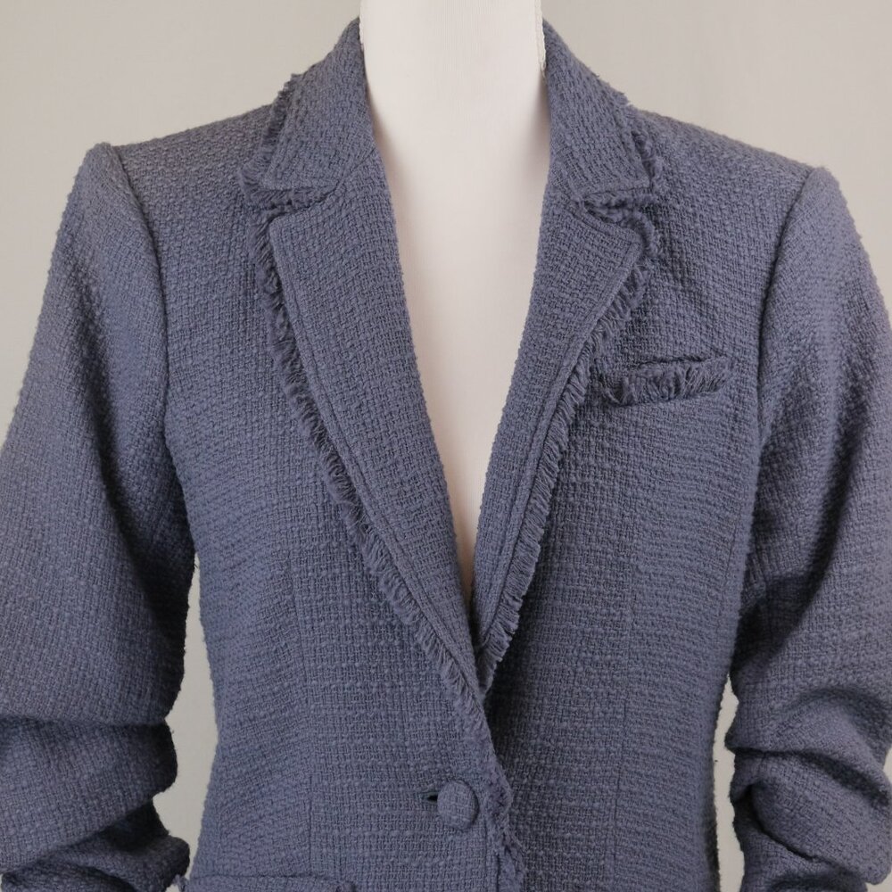 Cinq à Sept Boucle Khloe Tweed Fringe Trim Blazer, Dusty Blue, Size US 0 - Picture 7 of 10